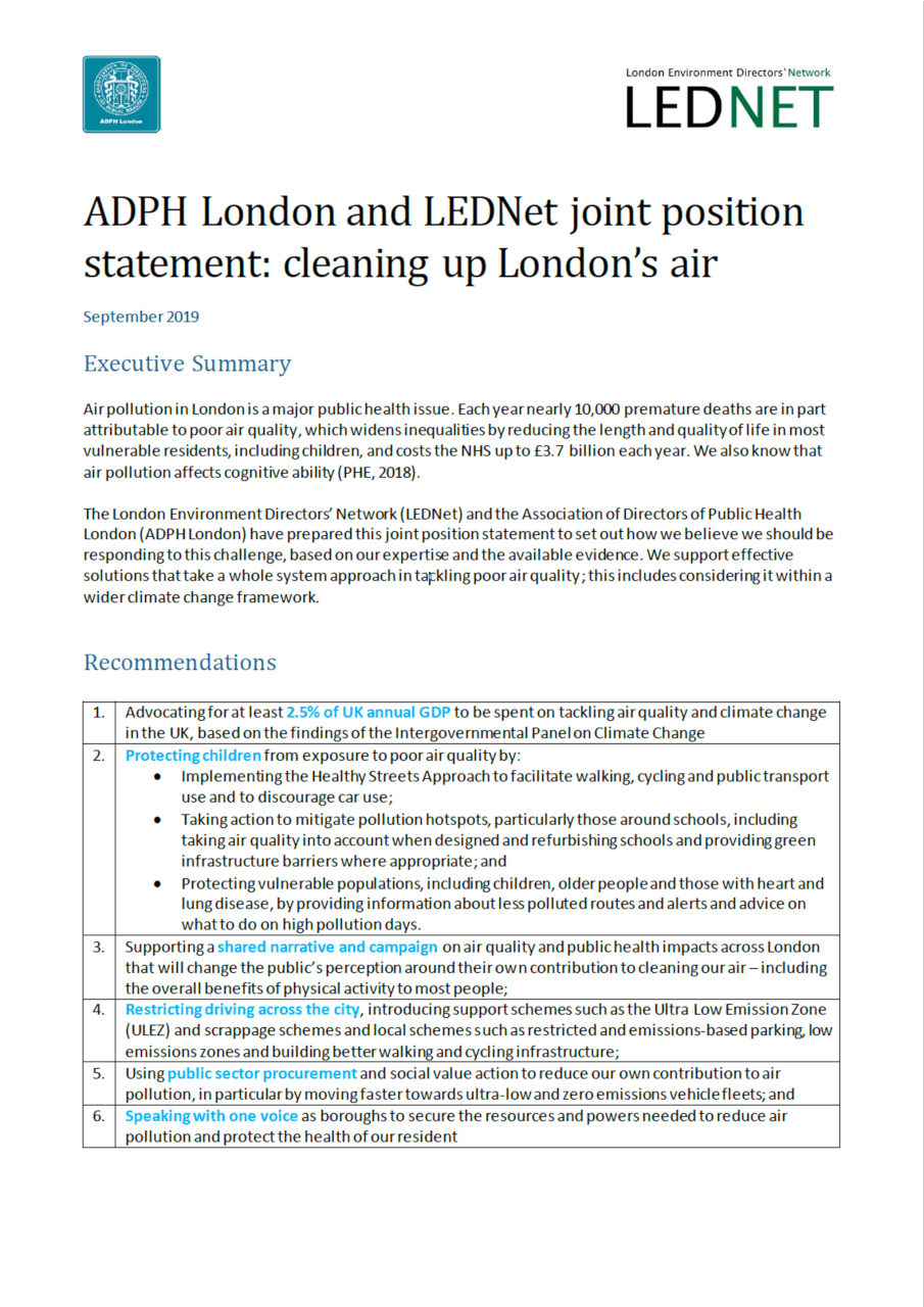 ADPH London and LEDNet joint position statement: cleaning up London’s air